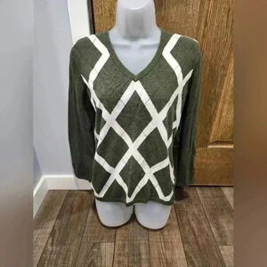 Tommy Hilfiger Women's Sweater Med Green And White V-Neck Pullover SOFT